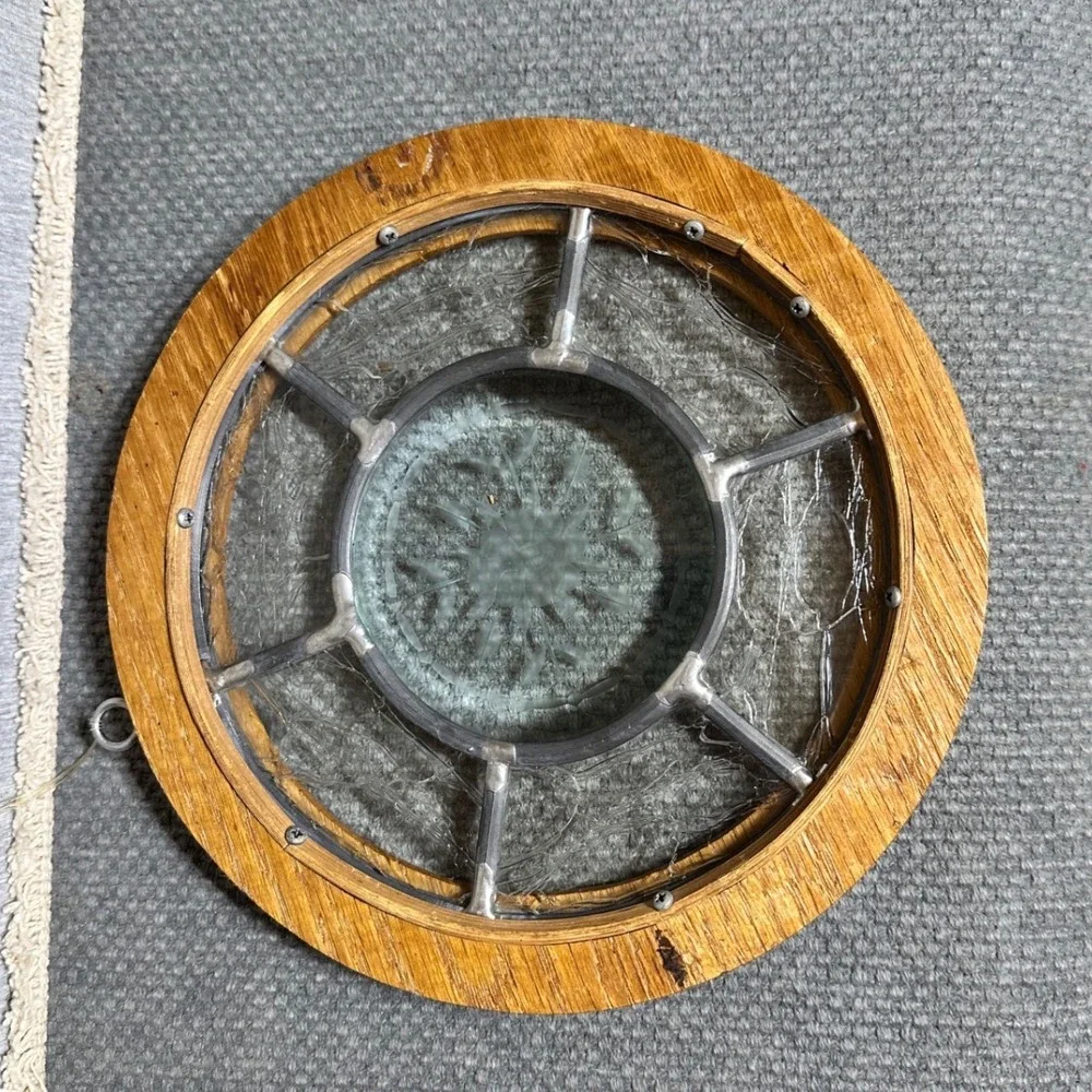 VTG Etched Glass Suncatcher Round Oak Wood Frame Floral Leaded Window Art 8